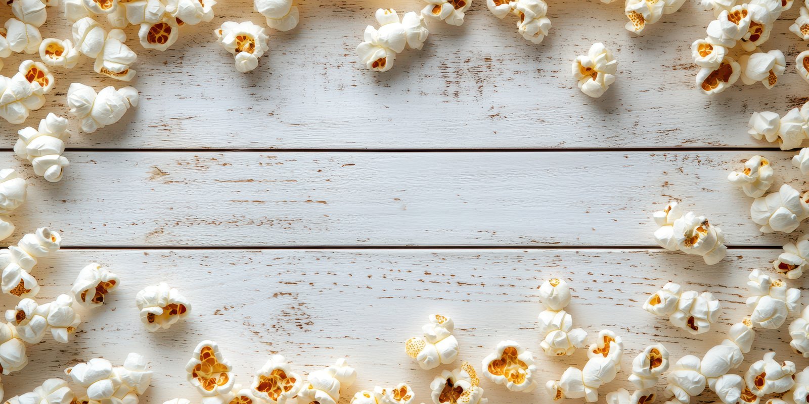 Freshly popped popcorn arranged in a circular pattern on a rustic wooden surface ready for movie night or snacking